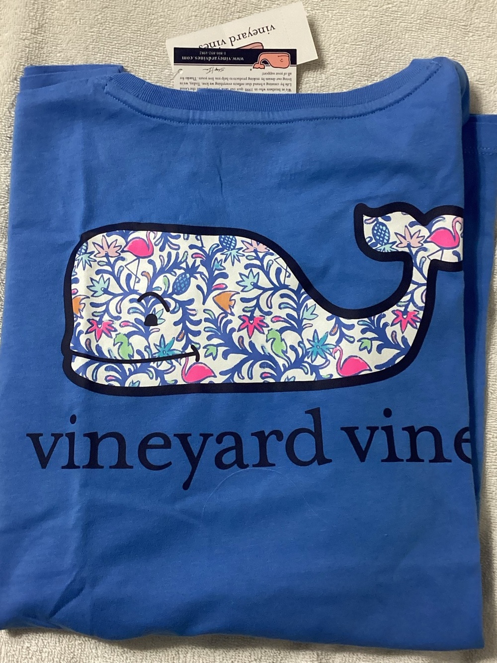 Vineyard Vines Cornflower Flamingo Print Otomi Whale Short Sleeve Tee Women’s Lg